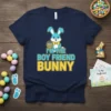 I'm The Boy Friend Bunny text with a cute blue bunny holding an Easter basket on a navy t-shirt