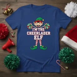 I'm the Cheerlader Elf Christmas T-Shirt with a cartoon elf holding pom-poms