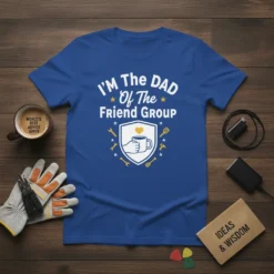 I'm The Dad Of The Friend Group t-shirt with white text and shield graphic featuring tools and a coffee cup
