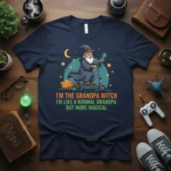 Grandpa Witch riding a scooter graphic with quote "I'm The Grandpa Witch I'm Like A Normal Grandpa But More Magical"
