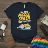 Navy t-shirt with yellow and white text "I'm The Middle Sister I Don't Like The" and a graphic of books