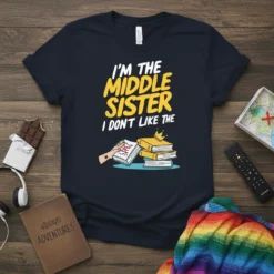 Navy t-shirt with yellow and white text "I'm The Middle Sister I Don't Like The" and a graphic of books
