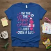 Blue t-shirt with pink text reading "I'm The Perfect Aunt I Just Cuss A Lot" featuring a cute owl graphic