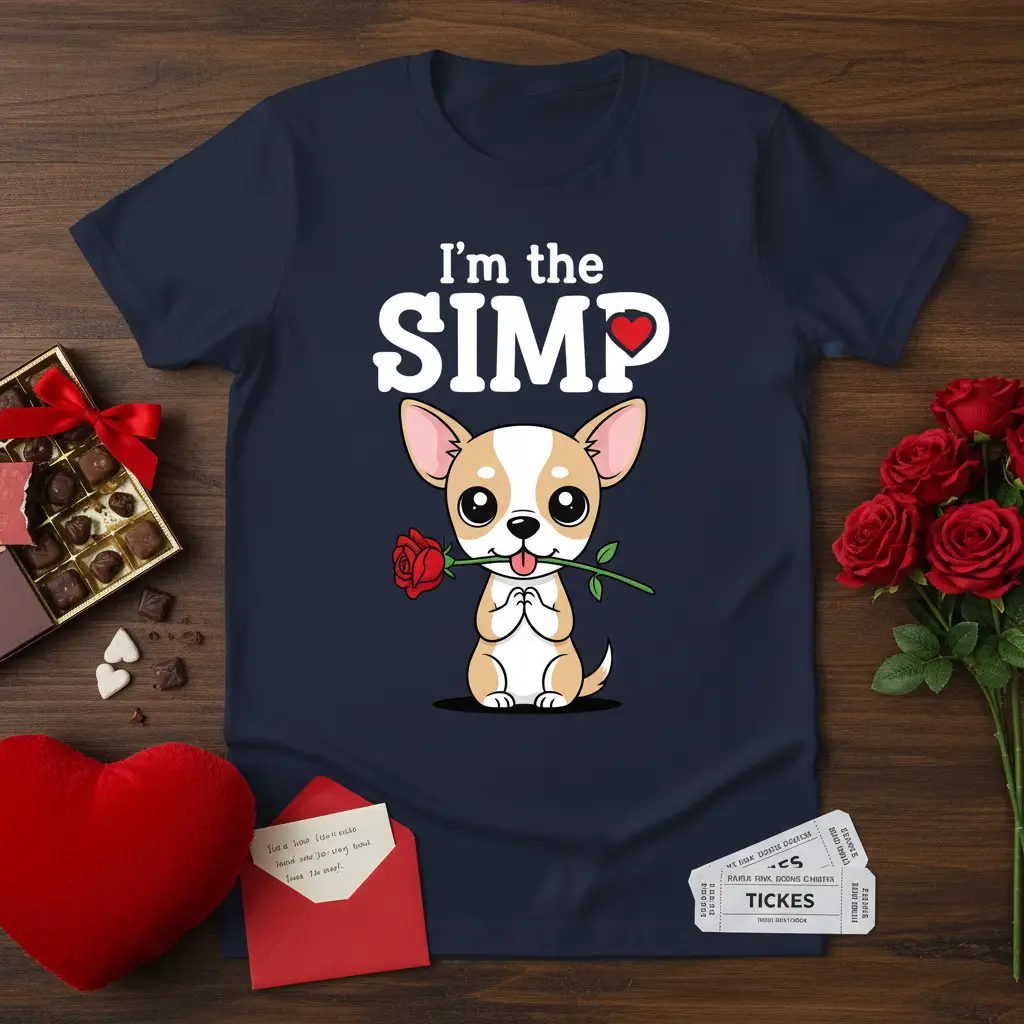 I'm the SIMP❤️ phrase with chihuahua holding rose graphic on a navy blue t-shirt for Valentine's Day