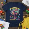 Navy t-shirt with "Imagination Blossoms Creativity Blooms" text and a colorful tree with children painting