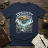 Steampunk airship design on a navy t-shirt with the quote "Imagination is the Only Weapon in the War with Reality"