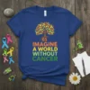 Blue t-shirt with "IMAGINE A WORLD WITHOUT CANCER" text and a colorful tree graphic, symbolizing cancer awareness