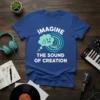 Blue t-shirt with white text "IMAGINE THE SOUND OF CREATION" and a blue cloud graphic giving a thumbs up