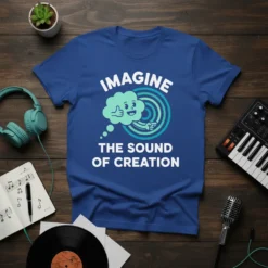 Blue t-shirt with white text "IMAGINE THE SOUND OF CREATION" and a blue cloud graphic giving a thumbs up