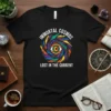 Immortal Cosmos Lost In The Current quote on a black t-shirt with a colorful swirling eye vortex graphic