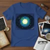 Imprana Jey 3/14/23 Cosmic Earth T-Shirt showing a stylized Earth core in space with stars and meteors