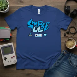 Impulse pixel art t-shirt design with retro joystick and game controller, featuring blue graffiti-style text
