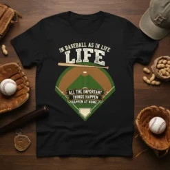 Black t-shirt with "In Baseball As In Life Life All The Important Things Happen Happen At Home" text and baseball