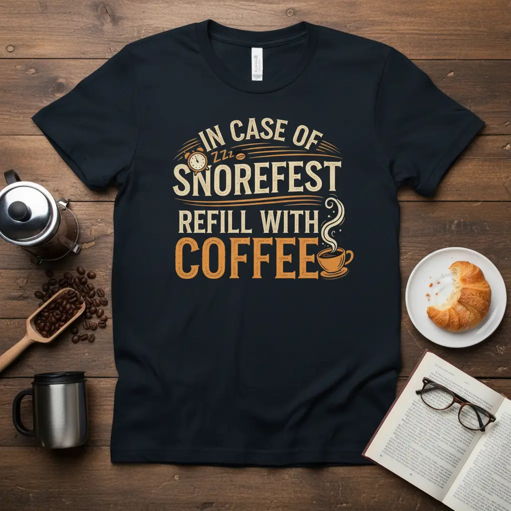 In Case of Snorefest Refill With Coffee quote and coffee cup graphic on a black t-shirt