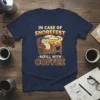 T-shirt with "IN CASE OF SNOREFEST REFILL WITH COFFEE" text, featuring a sleeping owl and coffee cup graphic