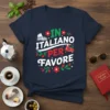 Navy t-shirt with "IN ITALIANO PER FAVORE" text, Colosseum graphic, and red scooter illustration