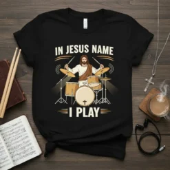 Christian t-shirt design featuring Jesus playing a drum set with the text "In Jesus Name I Play"