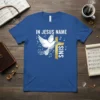 Christian t-shirt with "In Jesus Name Sins" text, a white dove, musical notes, and a golden cross graphic