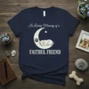Navy blue t-shirt with "In Loving Memory of a FAITHUL FRIEND" text and a sleeping dog on a moon graphic
