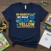 T-shirt design with text "In March We Wear Blue Yellow World Down Syndrome Day" and awareness ribbons and puzzle pieces