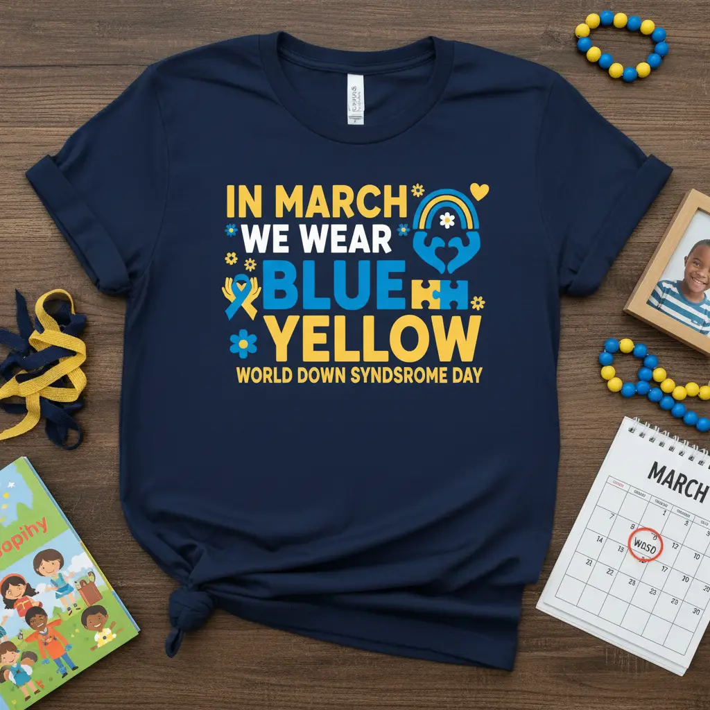 In March We Wear Blue Yellow World Down Syndrome Day text with awareness symbols and colors