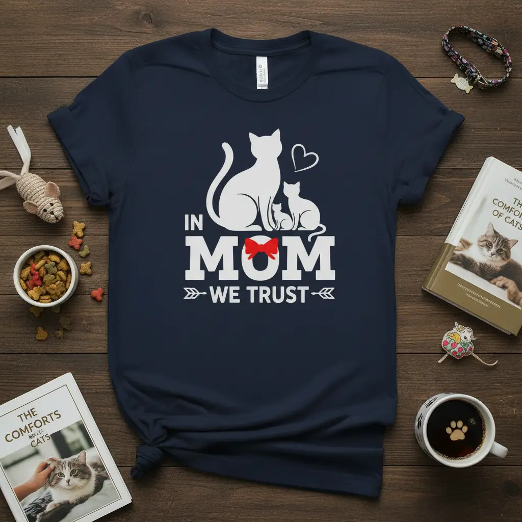 In Mom We Trust quote tee with white cats and heart graphic, perfect for cat moms