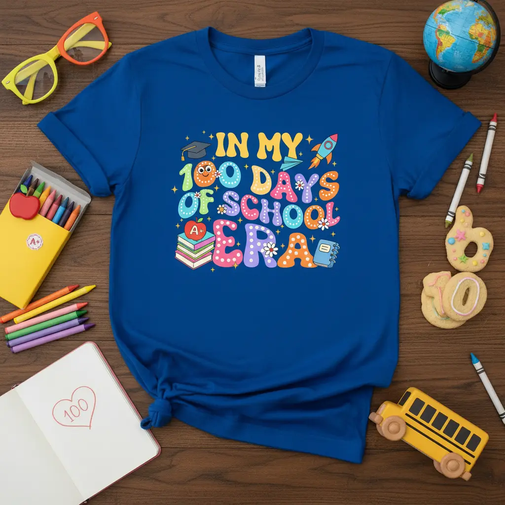 In My 100 Days Of School Era colorful retro typography with school-themed graphics on a blue t-shirt