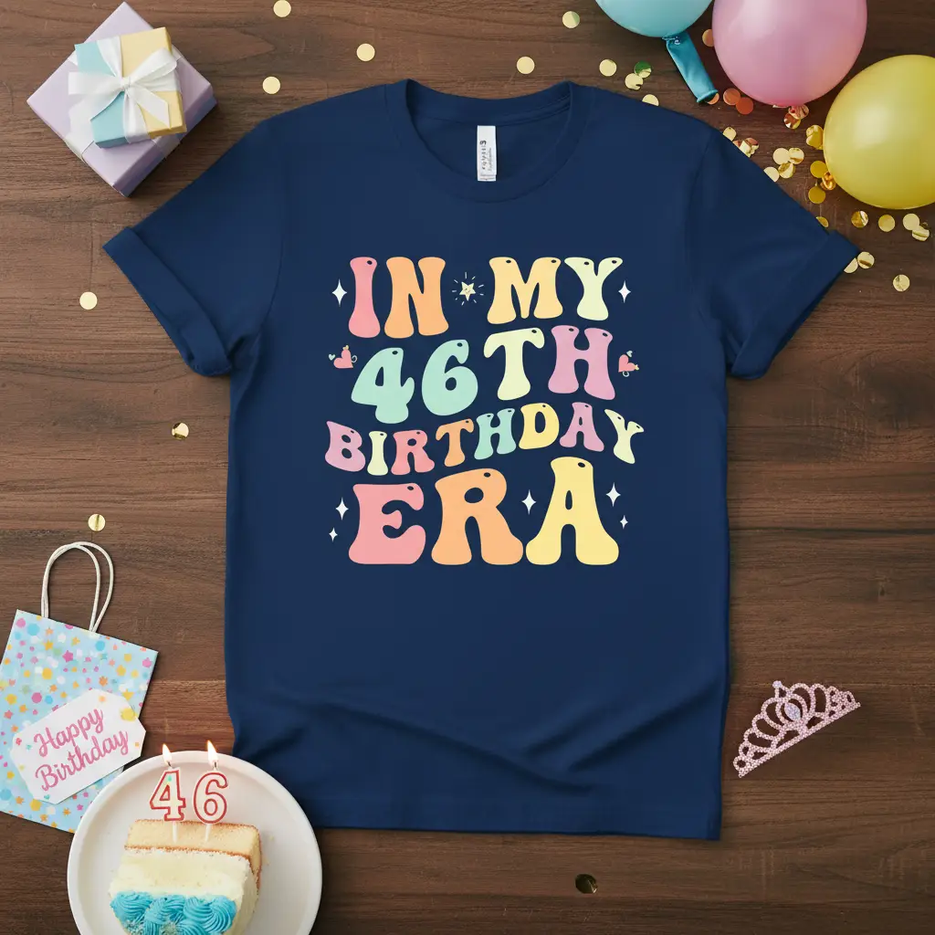 In My 46th Birthday Era retro text graphic with colorful wavy letters and star details