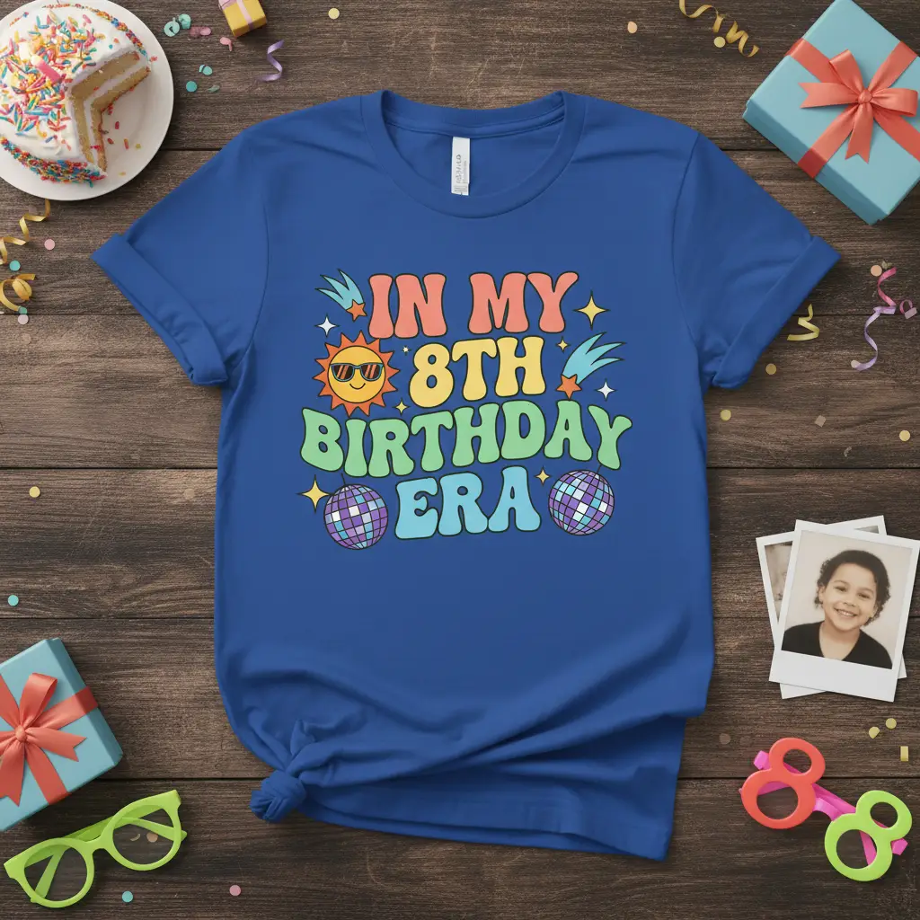 In My 8th Birthday Era retro design with sun and disco balls on a blue shirt