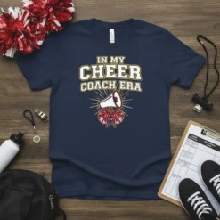 Navy t-shirt with "In My Cheer Coach Era" text, megaphone, and red cheerleading pom-poms graphic