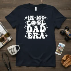 In My Cool Dad Era text with smiley faces and stars on a navy t-shirt