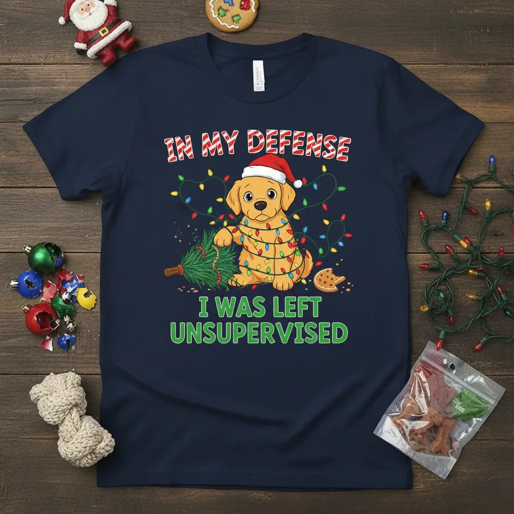 In My Defense I Was Left Unsupervised quote design with a puppy tangled in Christmas lights