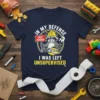 Navy t-shirt with raccoon graphic saying "In My Defense I Was Left Unsupervised"