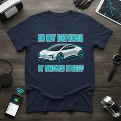 In My Defense It Drives Itself text with a futuristic electric car graphic on a navy t-shirt