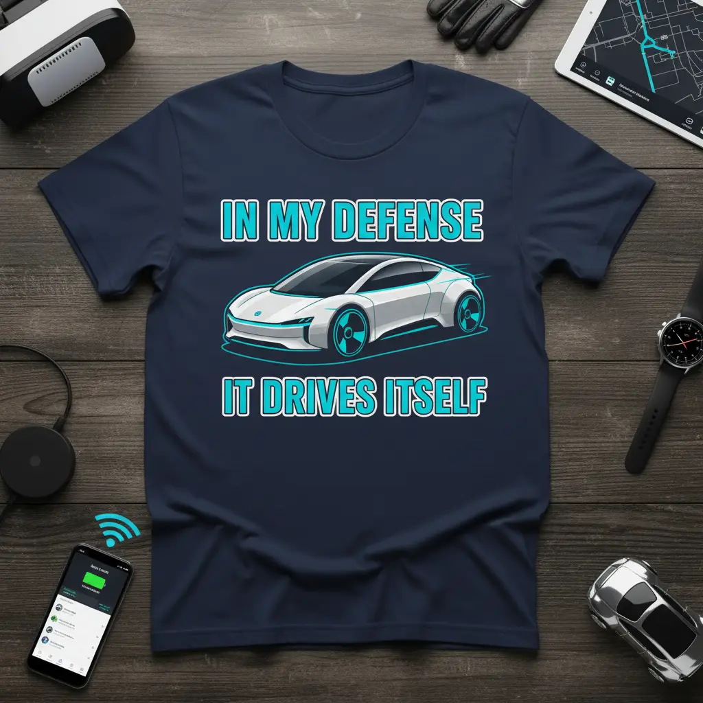 In My Defense It Drives Itself quote with futuristic electric car illustration on navy tee