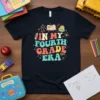 Colorful "In My Fourth Grade Era" text design with school icons like a book, backpack, and pencil on a black