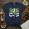 Navy t-shirt with white text "In My Golden Doodle Era" and cartoon golden doodles graphic