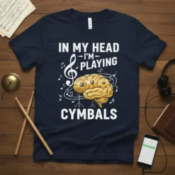 T-shirt design with text "In My Head I'm Playing Cymbals" featuring a brain graphic and musical notes