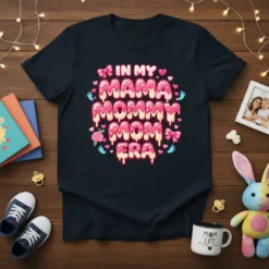 In My Mama Mommy Mom Era text design with pink frosting, hearts, and baby footprints on a dark t-shirt