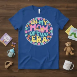 In My Mom of Two Era text design with cute cartoon children, flowers, and hearts on a blue t-shirt
