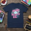 Navy t-shirt with "In My Pi Day Era" text, Pi symbol, and mathematical equations in pink and blue