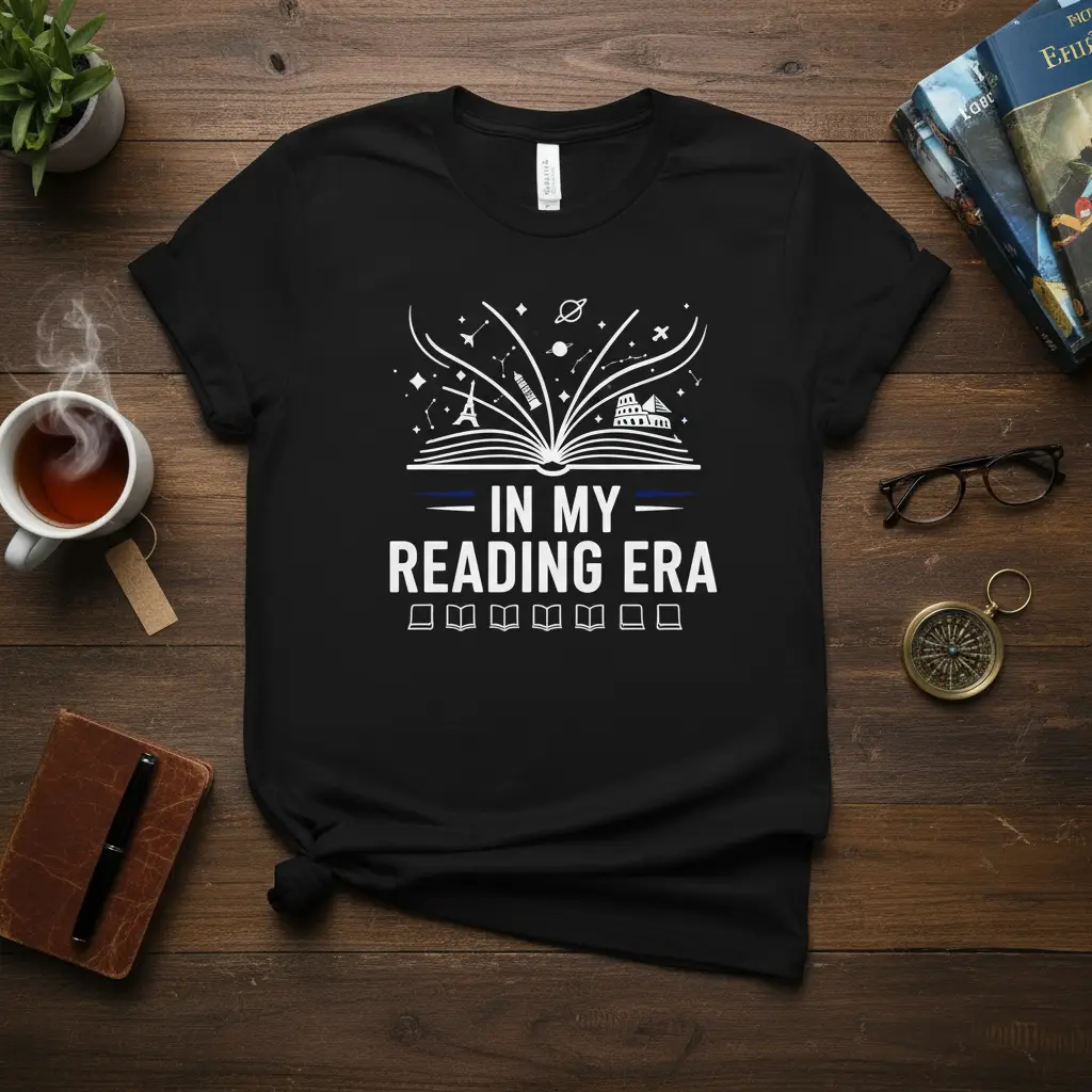 In My Reading Era t-shirt design featuring an open book graphic and celestial elements