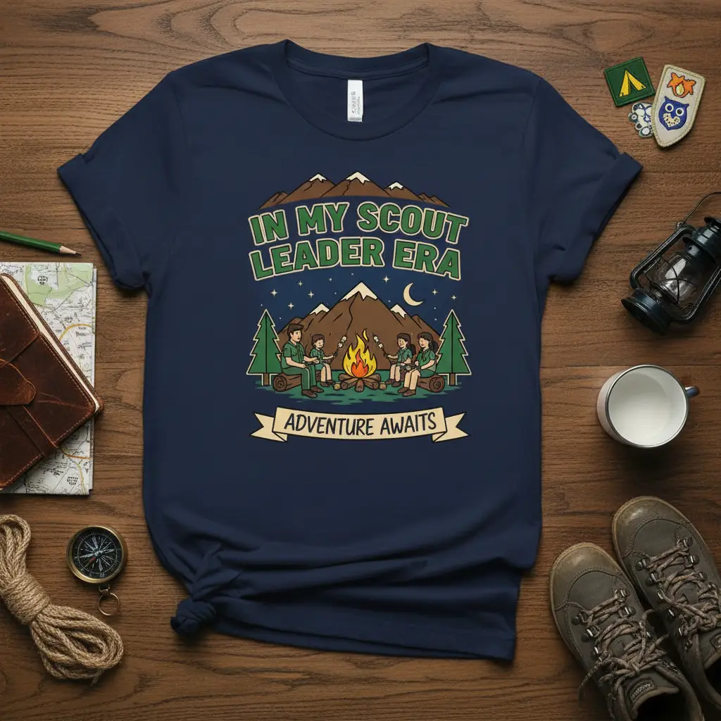In My Scout Leader Era Adventure Awaits graphic tee showing scouts camping by a fire with mountains in background
