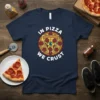 In Pizza We Crust t-shirt design featuring a circular pizza graphic with an eye in the center and white text