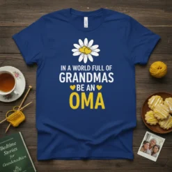 Oma t-shirt with text "In a World Full of Grandmas Be an Oma" and a daisy graphic with heart centers