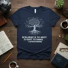 Stephen Hawking quote "IN73LLIGENCE 15 7HE 4BILI7Y 70 4DAPT T0 CHANG3." on a navy t-shirt with a brain-tree graphic