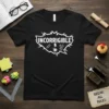 Black t-shirt with white text "INCORRIGIBLE" in a jagged burst design, featuring a paperclip, lightning bolt, and devil graphic