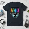 Increase the PEACE t-shirt with rainbow lettering and a black dove graphic, symbolizing peace and unity