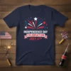 Navy t-shirt with "Independence Day Celebration July 4th" text, red white and blue fireworks, and stars graphic