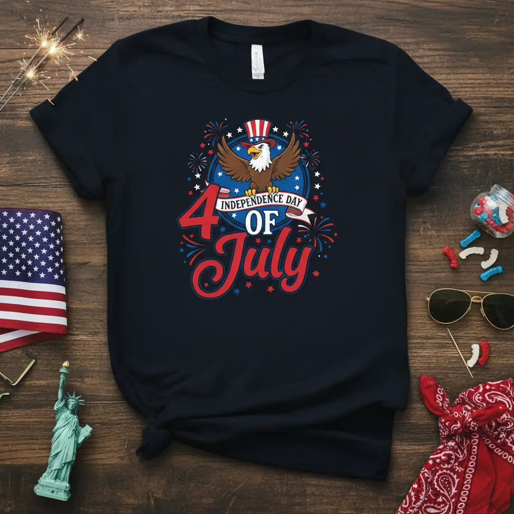 Independence Day of July patriotic eagle design with fireworks and American flag elements on a navy t-shirt